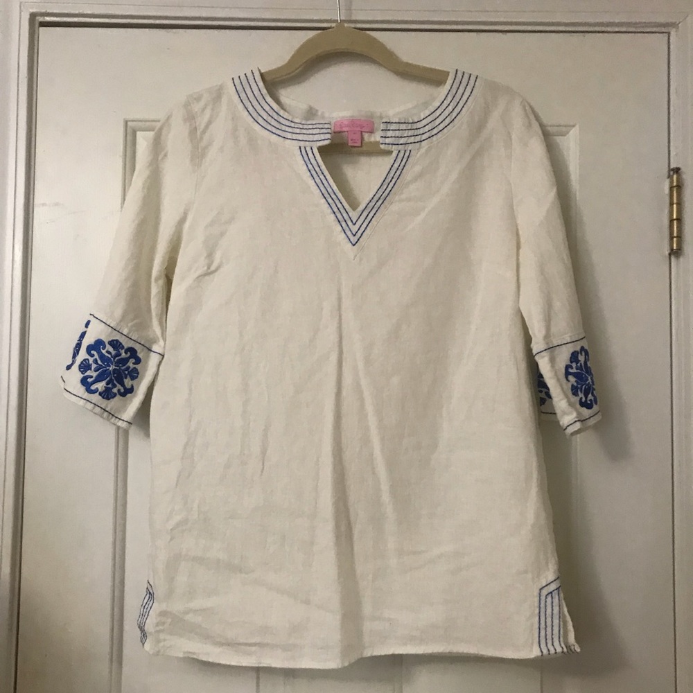 Lilly Pulitzer White Linen Top with Embroidery